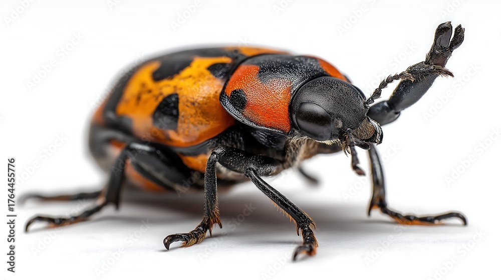 Fototapeta premium American burying beetle, Nicrophorus americanus crawling on a clean surface, isolated on white, macro photography style