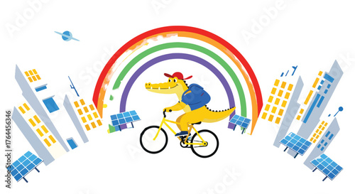 Vector art of cartoon crocodile riding bicycle with solar panel in city for ecology concept