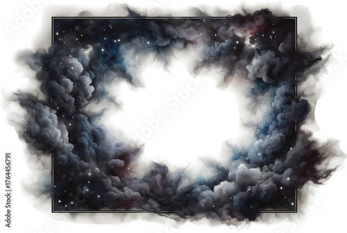  A dramatic circular cosmos scene framed by a thin border, featuring swirling dark clouds, glowing stars, and a bright center. An abstract, atmospheric backdrop suitable for dream
