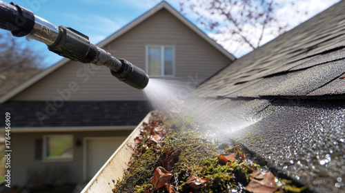 Close up shot of high powered pressure washer nozzle spraying water on roof covered with moss and leaves, showcasing effective cleaning