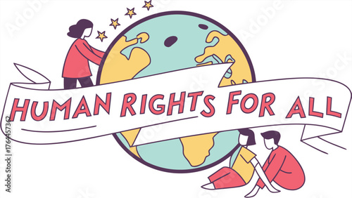 Human Rights for All concept:  A visual declaration promoting universal human rights, with Earth as the backdrop. Individuals gather to support global unity.