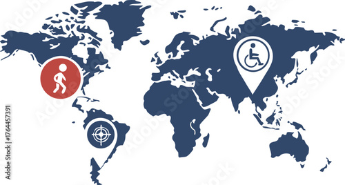 World Map and Inclusion Symbols: A symbolic world map adorned with diverse inclusion symbols that highlights the interconnectedness of global accessibility and promotes understanding and compassion