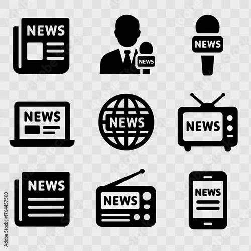 News icon set. News and journalism, including newspaper, reporter, laptop, megaphone, TV, mobile news, and globe