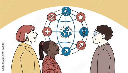 Inclusive World: A visual metaphor of inclusivity is beautifully depicted with three diverse individuals looking up to a globe intertwined with symbols. This illustrates the importance of equality.