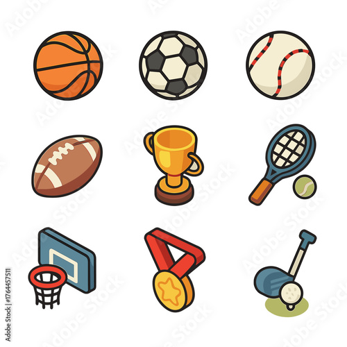 Isometric sports icon set. Sports icon set. Basketball ball, soccer ball, baseball ball, football ball, trophy cup, racket, medal, golf icon.