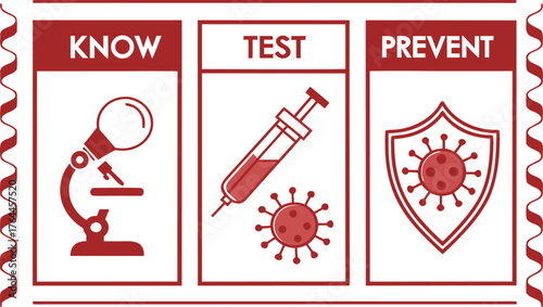Know, Test, Prevent: A stylized illustration outlining the core steps in the battle against a virus, featuring a microscope, syringe, and shield