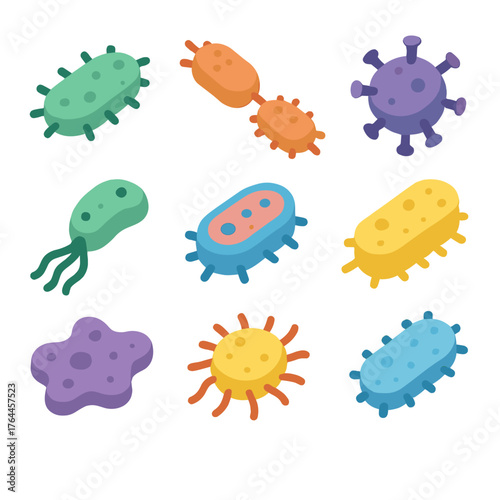 Isometric bacteria icons and virus. Simple set of bacteria icons and virus. Bacteria, microbe, virus vector icon set. Microscopic bacterium and bacillus collection. 