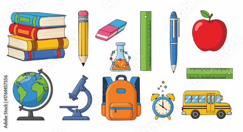 Illustration of a collection of school supplies including books globe and school bus in bright colors