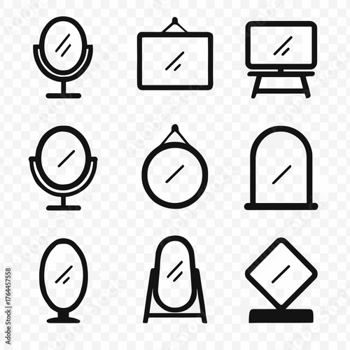 Mirrors icon set. Solid, filled icon set of mirror types: wall mirror, handheld mirror, standing mirror, compact mirror, vanity mirror, car side mirror, smart