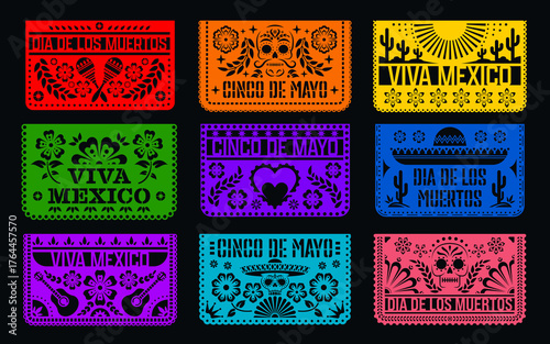 Mexican paper cut day of the dead papel picado flags for holiday decorations, vector banners. Mexican fiesta party papel picado flags with paper cut Catrina calavera skull and Viva Mexico guitars