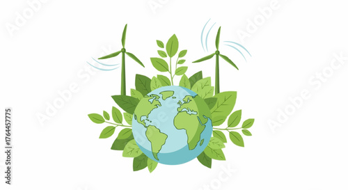 Illustration of earth with wind turbines and green leaves promoting sustainability and ecology