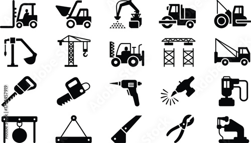 Collection of construction and industrial equipment icons representing heavy machinery and tools for building projects