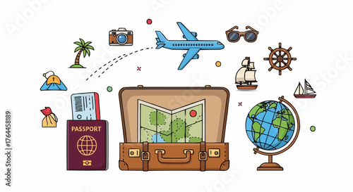 Illustration of travel themed items including a suitcase passport and various vacation icons