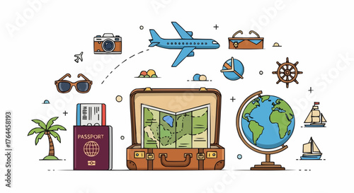 Illustration showing travel themed objects including a plane suitcase and passport on a white background