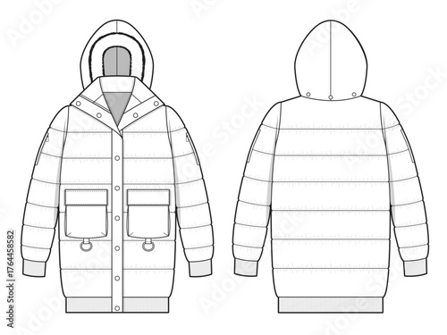 Down puffer jacket front and back view technical flat drawing vector mockup illustration.