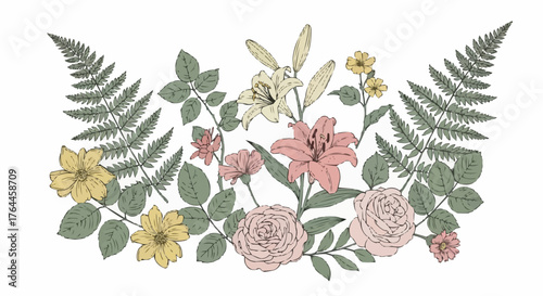 Illustration of a floral arrangement with roses lilies ferns and small yellow flowers in pastel colors