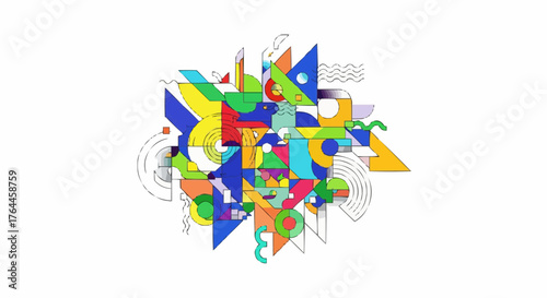 Abstract geometric composition featuring triangles circles and lines in vibrant colors on white background