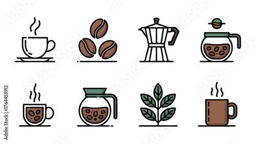 Modern coffee cup icon design with multiple color options and typographic elements