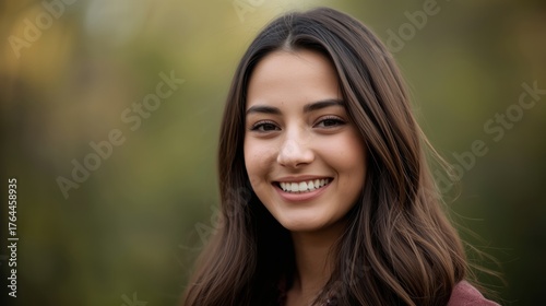 Radiant smile of a youthful woman with gorgeous brown hair enjoying time outdoors in nature