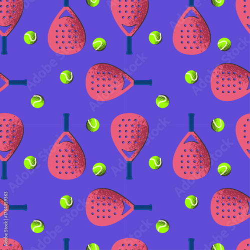 Seamless padel tennis pattern with rackets and balls on purple background
