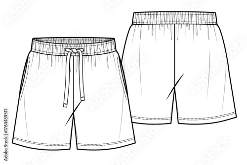 Men's shorts front and back view mockup template vector design technical illustration.