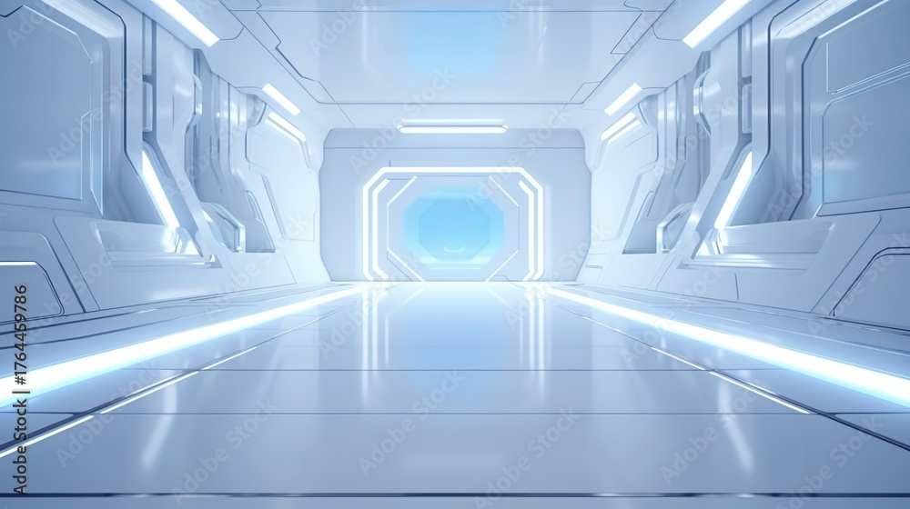 Obraz premium A futuristic and brightly lit white and blue corridor with glowing lights and a futuristic doorway at the end.