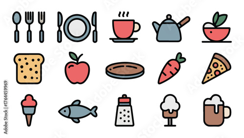 Comprehensive kitchen and food icon set featuring diverse culinary and dining elements