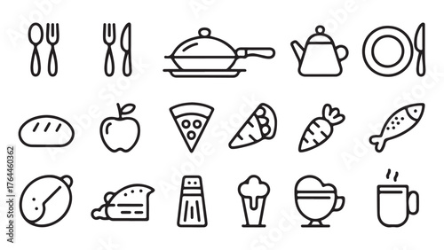 Collection of diverse kitchen and food themed icons for culinary design projects