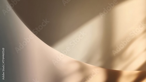Soft minimal abstract composition with gentle curved shapes and warm sunlight shadows on beige wall creating calm aesthetic background ideal for interior design and branding visuals