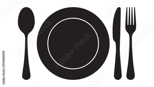 Plate, fork and knife icon in flat style. Food symbol isolated Plate icon. Flat vector illustration in black on white background. vector illustration