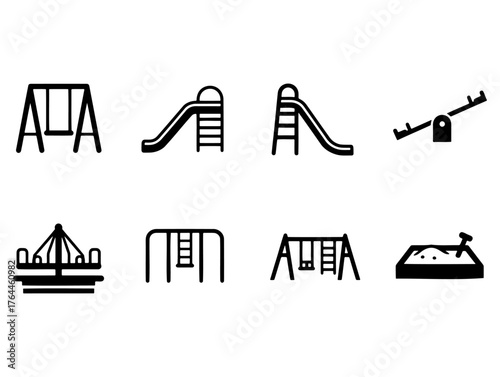 Playground Equipment Icons Swings, Slides, Seesaw, Merry-Go-Round, and Sandbox for Park Fun