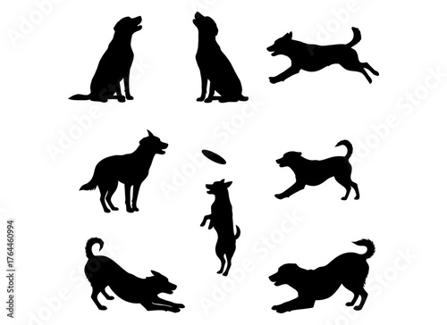 Vector illustration featuring seven distinct dog silhouettes, depicting energetic actions and playful movements of loyal canine companions