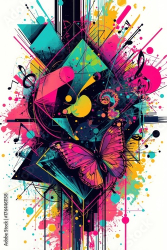 Vibrant butterfly soars amidst musical notes and colorful geometric shapes creating a dynamic energy