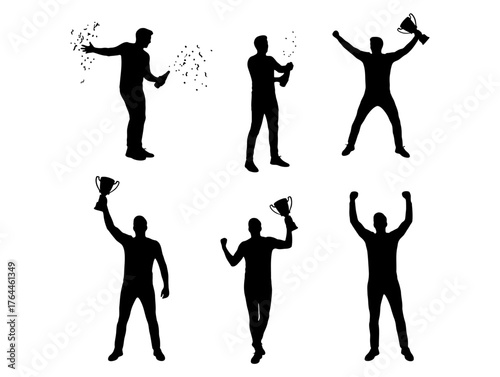 Vector illustration set of a champion man celebrating success with a trophy and champagne silhouettes