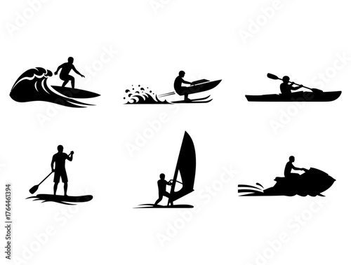 Water sports silhouette collection Surfing, jet skiing, kayaking, paddleboarding, windsurfing, water activities