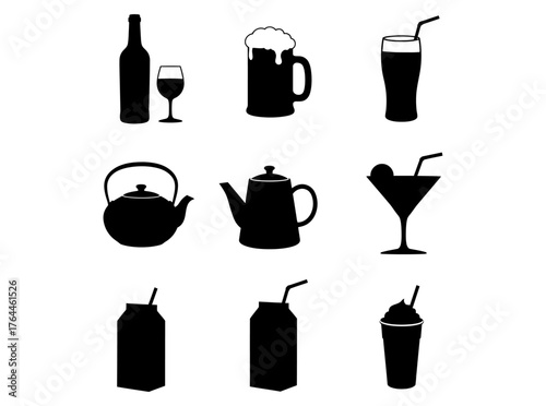 Variety of Beverages Black Silhouettes of Drinks in Glassware and Containers Against White Backdrop