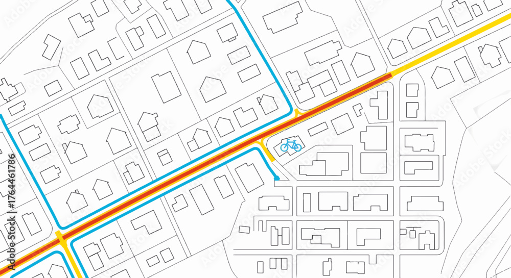 Fototapeta premium A map of a neighborhood with a highlighted bike path. Urban planning and transportation route concept. Minimalist top-down vector illustration