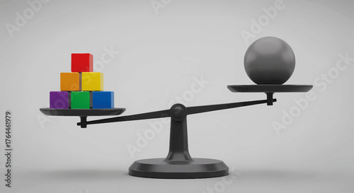 A balance scale showing imbalance between colorful cubes and a heavy sphere. A concept of quality versus quantity and value comparison. Vector illustration
