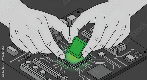 Hands installing a glowing green processor on a computer motherboard. PC building and hardware upgrade concept. Technology vector illustration