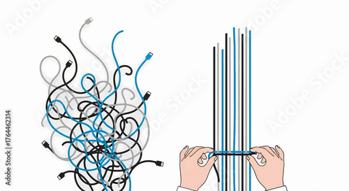 Creating order from chaos concept. Hands organizing a tangled mess of computer cables. Flat design vector illustration