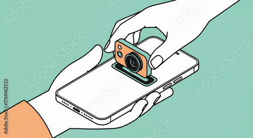 A stylized hand swapping a modular camera lens on a smartphone. Technology innovation and device customization concept. Flat line art vector illustration
