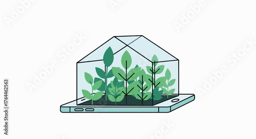 Smartphone with a greenhouse growing plants from the screen. Digital growth and green technology concept. Flat vector illustration