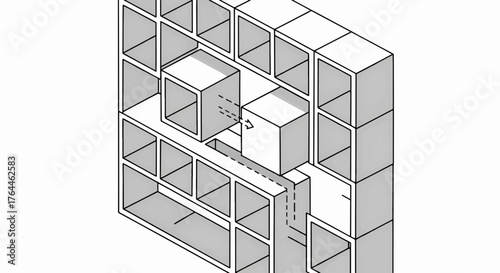 Isometric schematic of a modular shelving system. Technical vector illustration of a cube unit assembly. Furniture construction and instruction diagram