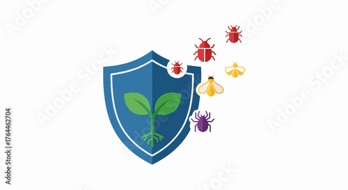Pest control and crop protection concept. Shield icon defending a plant sprout from insects. Flat design vector illustration for agriculture