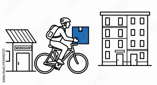 An outline illustration of a bicycle courier delivering a package. Local business shipping and e-commerce logistics concept. Minimalist vector line art
