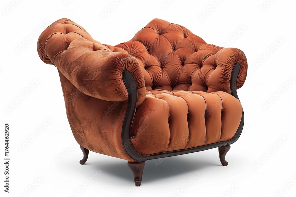 Obraz premium Classic armchair with carved wooden legs and orange velvet upholstery standing on a white background