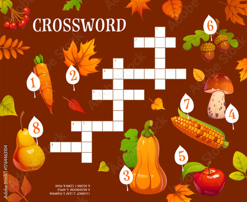 Autumn fall season crossword quiz game grid. Vector crossword combines cartoon carrots, autumn leaves, pumpkins, corn cob, mushrooms, oak acorns and pears with numbered hints. Playful harvest puzzle