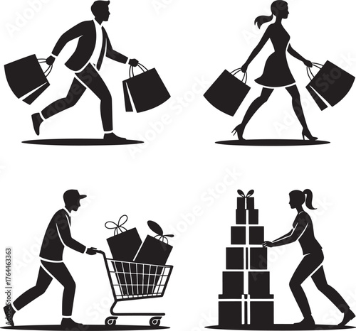 People shopping with bags and a cart icons silhouette illustration line art royalty free premium quality