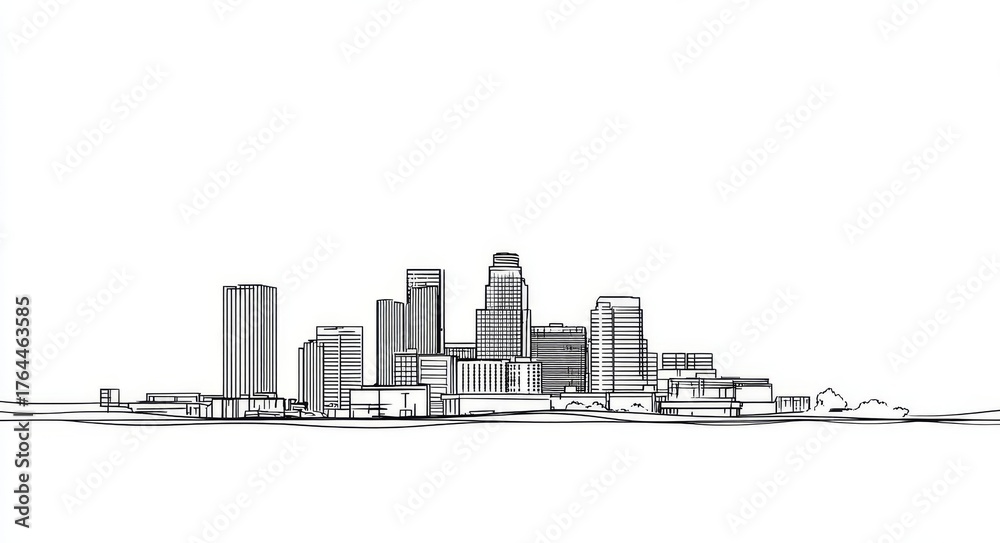 Fototapeta premium Minimalist continuous line drawing illustrates the modern city skyline, emphasizing the blend of diverse architecture and urban development