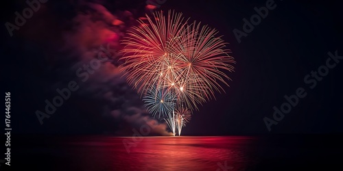 Red and Blue Fireworks Reflect on Water at Night